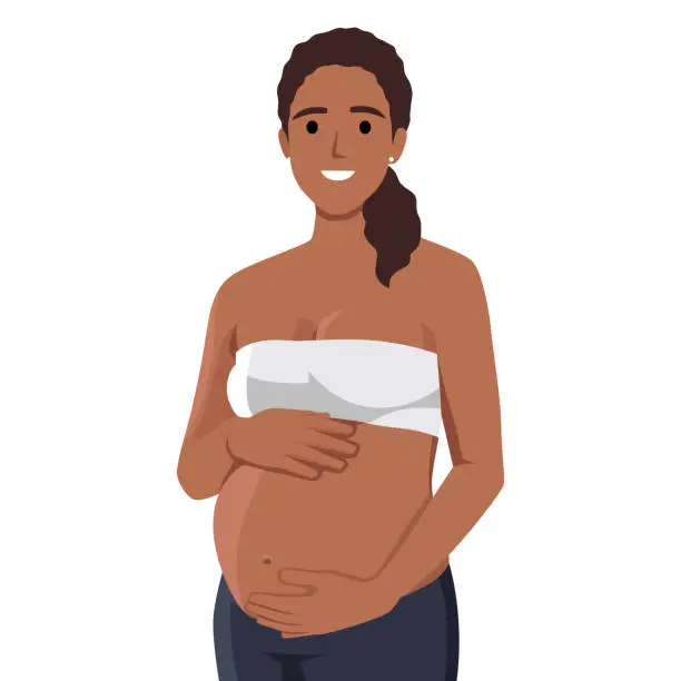 Vector illustration of Smiling cute pregnant woman caressing her belly