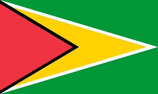 Close-up of red, black, yellow, white and green national flag of South American country of Guyana. Illustration made February 18th, 2024, Zurich, Switzerland.