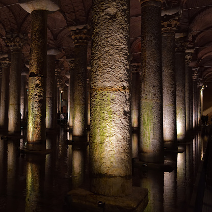 Istanbul, Turkey - December 8, 2023: Columns in the restored Basilica Cistern or Yerebatan Sarayi