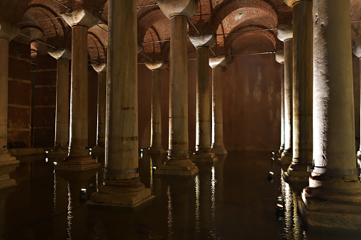 Istanbul, Turkey - 8 December, 2023: Columns in the restored Basilica Cistern or Yerebatan Sarayi