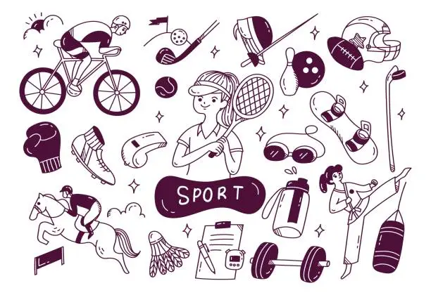 Vector illustration of Set of hand drawn sport equipment, athlete related object
