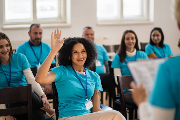 istock One volunteer during a charity meeting 2020482378