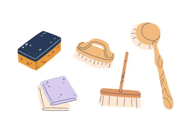 Vector illustration of Cleaner Brushes And Wipes, Isolated Vector Set of Essential Household Tools For Maintaining Cleanliness