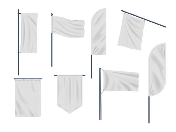 istock Set Of Realistic, White Pennants And Flags 3d Vector Mockups. Isolated Blank Banner Template For Advertising Designs 2020487146