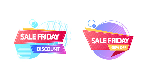 Sale Friday Discount Banners Or Tags. Eye-catching Visual Elements Designed To Highlight Special Offers, and Deals, Showcasing Percentages Off, Or Clearance Sales To Attract And Inform Customers