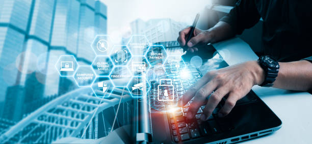 istock a network for cyber security. Idea of data protection. Businessman utilizing laptop computer with digital padlock on internet technology networking, cloud computing, data management, cybersecurity. 2020505854