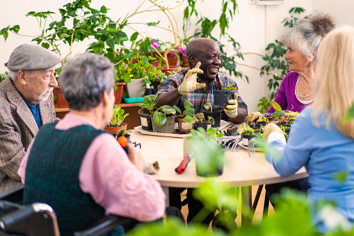 In a room filled with house-plants, senior residents are wearing gloves while they care for the plants
