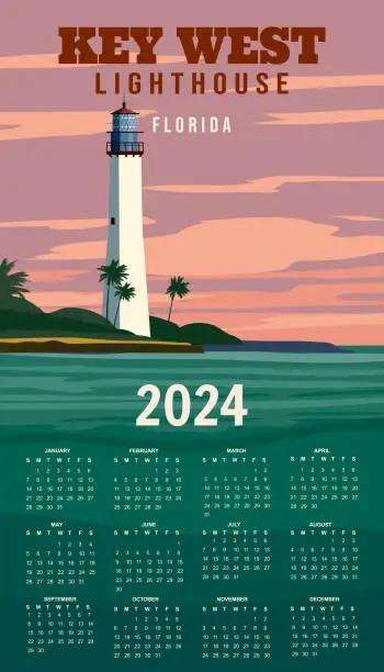 Vector illustration of Calendar 2024 Poster Key West Lighthouse Florida Retro