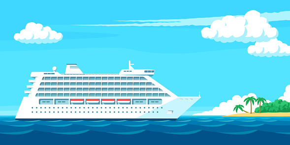 White cruise ship traveling on the blue sea. Vector illustration