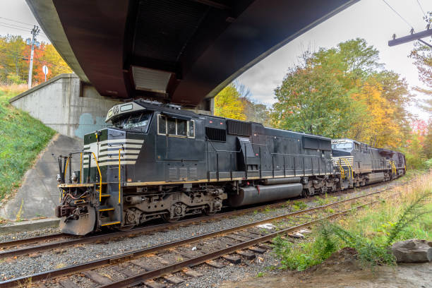 istock Diesel locomotives passing under a bridge on a fall day 2020521313