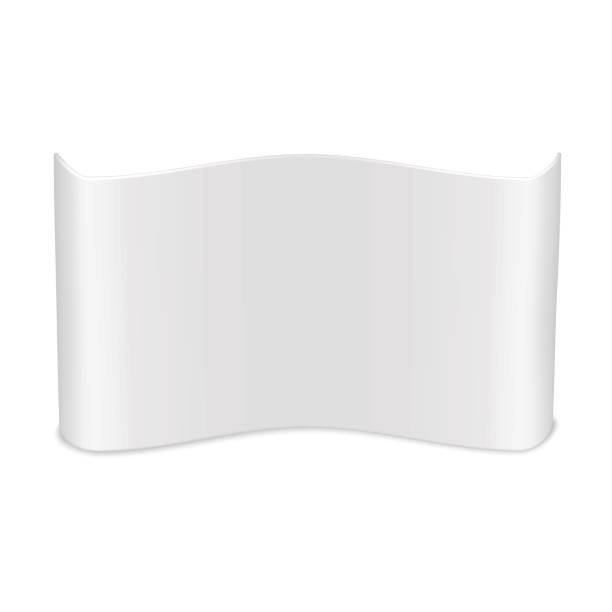 istock Curved white blank trade show stretch fabric display realistic mock-up. Tradeshow backdrop banner stand front view vector mockup 2020523444