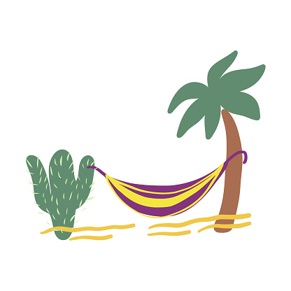 Decorative Hammock between palm tree and cactus flat vector colorful illustration isolated on white background, mexican sign for travel design