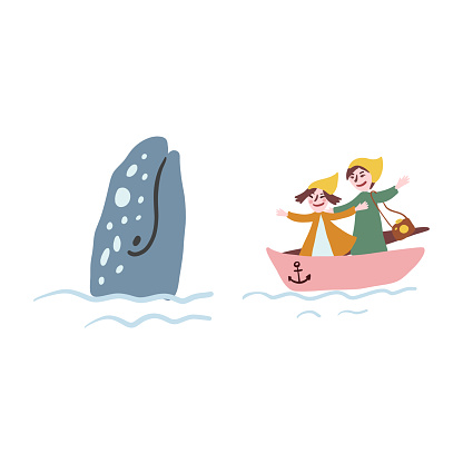 Decorative cute children on boat watching gray whale, flat cartoon vector illustration isolated on white background, wild mammal colorful symbol for travel design, kid map, trip animal card