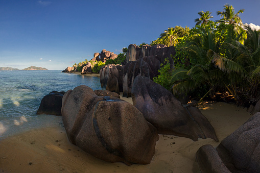Paradise island in the Seychelles, sandy beach and blue sky over Indian Ocean