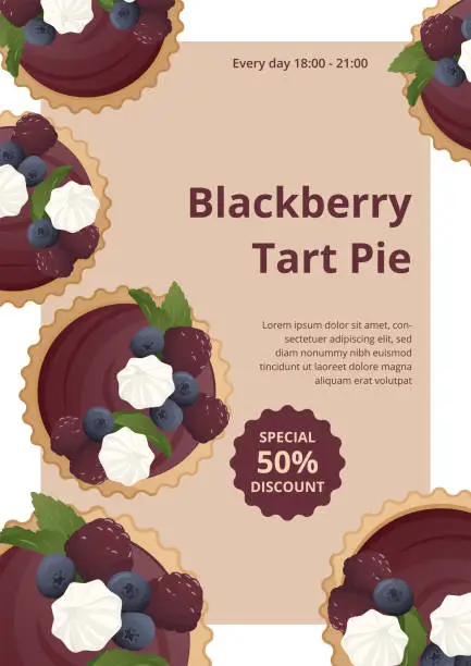 Vector illustration of Discount postcard with Blackberry tart pie