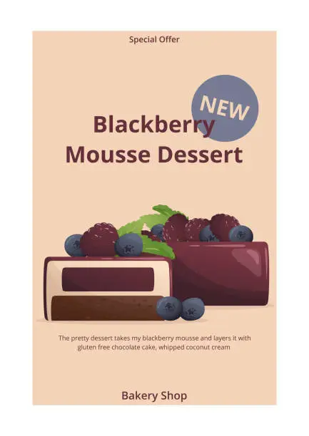 Vector illustration of Postcard with new Blackberry mousse dessert