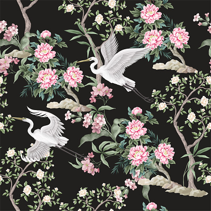 Chinoiserie seamless pattern with peonies trees and herond. Vector
