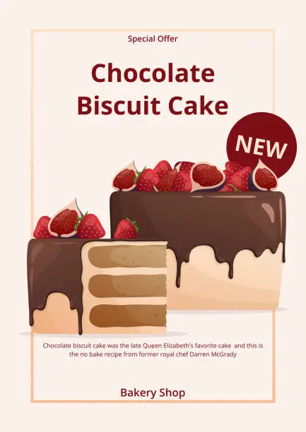 Vector illustration of Postcard with new chocolate biscuit cake with fresh fruits