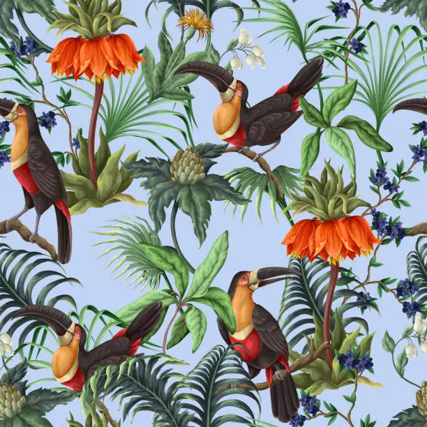 Vector illustration of Seamless tropical pattern with flowers, leaves and toucan. Vector.