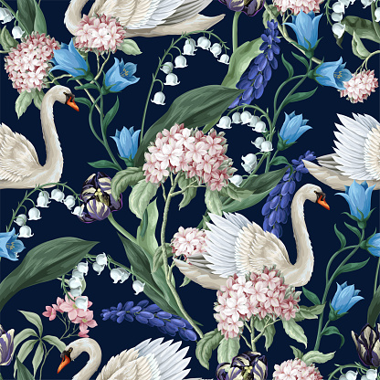 Seamless sensitive pattern with swan and flowers. Vector