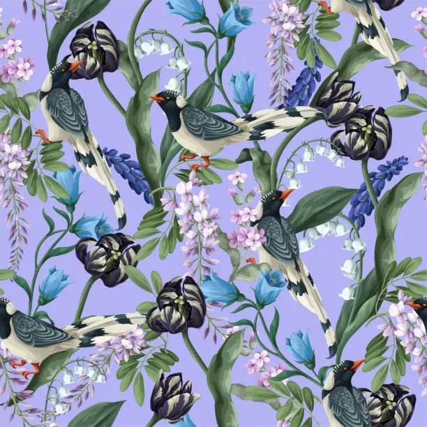 Vector illustration of Seamless sensitive pattern with magpies and tulips. Vector.