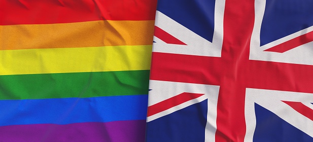 LGBT and Great Britain flags. Linen flags close-up. Rainbow flag. LGBT community. UK. United Kingdom. Flag made of canvas. 3d illustration.