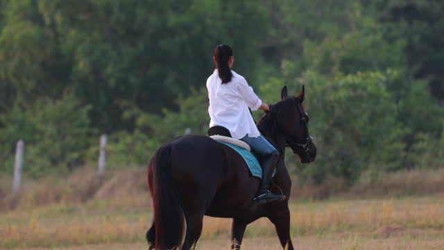 Rural Adventure: Asian Female Embarking on Horseback Riding Adventure Amidst Scenic Farm Landscape | Outdoor Leisure Activity