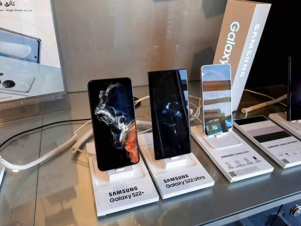 Cairo, Egypt, February 9 2024: Samsung flagship cellphone models, Samsung group is a South Korean multinational manufacturing conglomerate headquartered in Samsung Digital City, Suwon, South Korea, selective focus