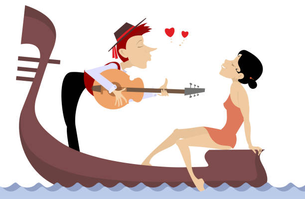 mann mit gitarre und frau fahren mit gondel - gondolier stock-grafiken, -clipart, -cartoons und -symbole