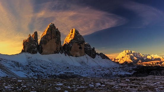 The Three Peaks of Lavaredo or Tre Cime di mountain at sunrise, Dolomites mountains, Italy, Europe