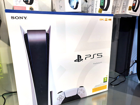 The PlayStation 5 (PS5), a home video game console developed by Sony Interactive Entertainment, announced as the successor to the PlayStation 4, part of the ninth generation of video game consoles, selective focus