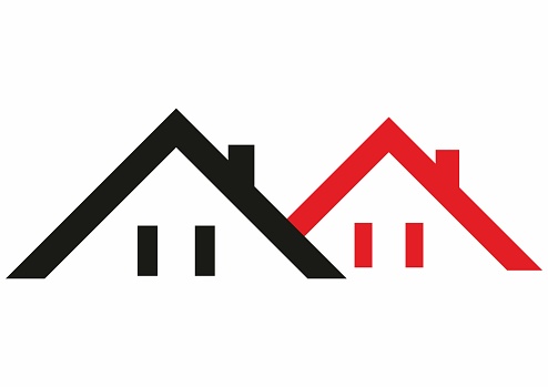 Group of two houses, roofs with chimneys and windows, front view, black and red colors, line, vector symbol, icon