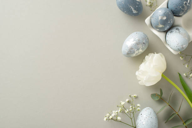 istock Easter aesthetic concept: Overhead view of rich greyish eggs in a special ceramic container, gypsophila, tulip, and eucalyptus arranged on a pastel grey background with space for text 2020640634