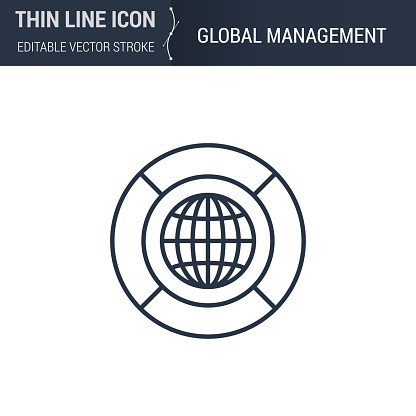 Global Management Icon - Thin Line Business Symbol. Ideal for Web Design. Quality Outline Vector Concept. Premium, Simple, Elegant Logo