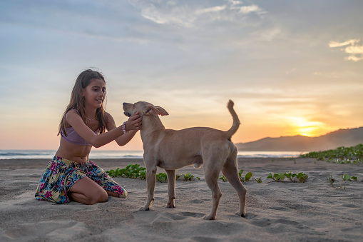 Beautiful pics at the beach of a Teenage with a Dog, enjoying time together during the sunset