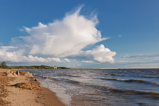 Big cloud on coast of Gulf of Finland on sunny day, copy space