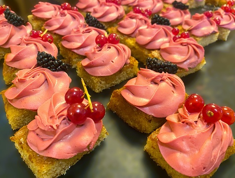 Brunch buffet with a variety of cake slices