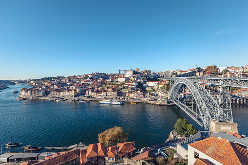porto city in portugal, dom luis I bridge over douro river between porto and vila nova de gaia.