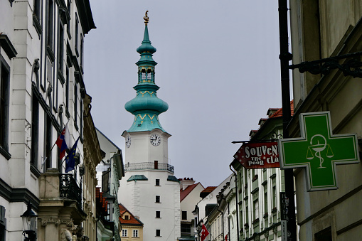 Michael's Tower in Old Town, Bratislava, was built on the site of St. Michael's Church, which was destroyed in the 16th century. It stands at the site of the only gate remaining of the original four, to the city.