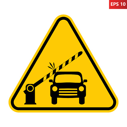 Car barrier warning sign. Vector illustration of yellow triangle sign with closing barrier hits vehicle. Risk of damage. Beware, barrier closes automatically. Parking shutdown. Guarded parking.