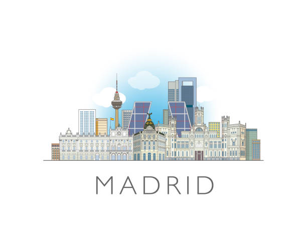ilustraciones, imágenes clip art, dibujos animados e iconos de stock de madrid, spain cityscape line art style vector illustration - madrid