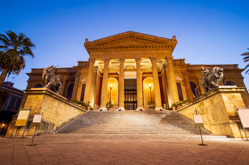 Palermo, Sicily, Italy - November, 2023:The Teatro Massimo at night, located on the Piazza Verdi in Palermo Sicily Italy.