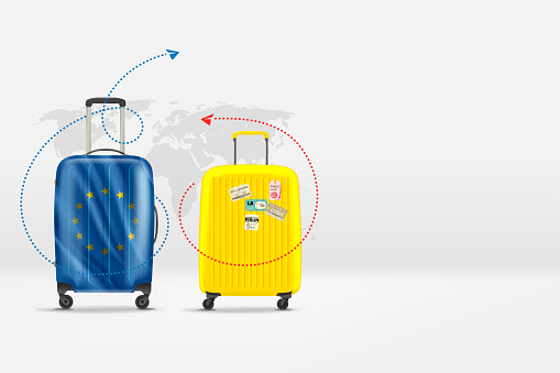 World travelling concept with bags and copy space. 3d vector illustration