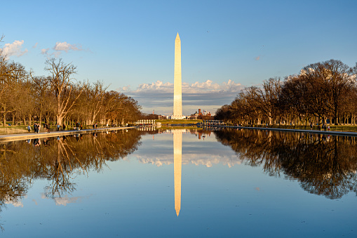 The Washington monument reflected in the Lincoln Memorial Reflecting Pool in Washington D.C.