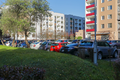 Warsaw, Poland - October 30, 2023: Cars in a local car park in the Goclaw housing estate, Praga-Poludnie district.