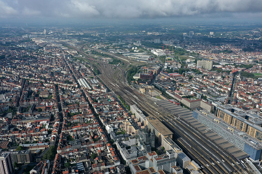 The City of Brussels is the capital of Belgium and also the administrative centre of the European Union. The image shows the City with a residential district and some office buildings, captured during summer season.