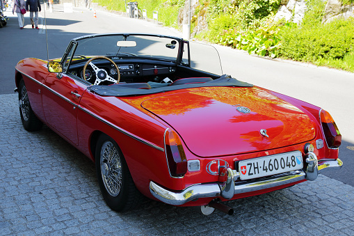 Weggis, Switzerland  May 5, 2016: Here is parked the classic British roadster sports car MG MGB. The car was produced from 1963 and its variants continued until 1980