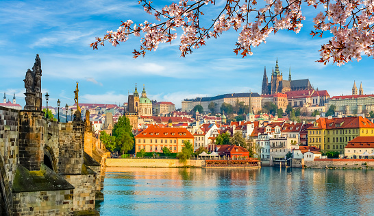 Scenic Prague panorama with Mala Strana and Charles bridge over Vltava river in spring, Czech Republic