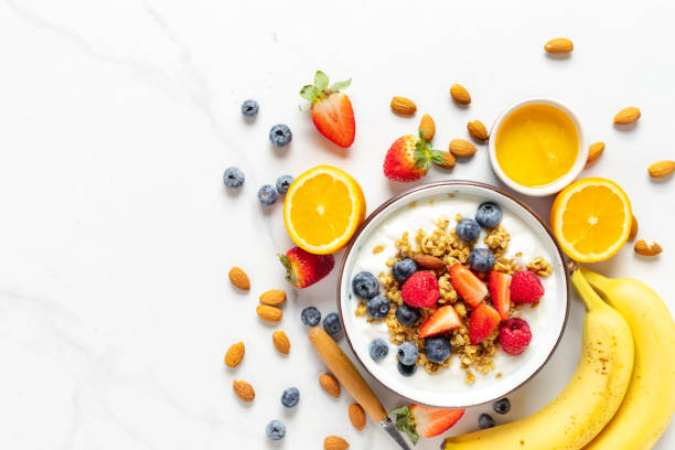 Healthy breakfast bowl top view Weight loss