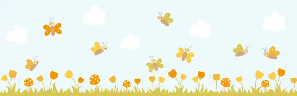 Vector illustration of Panoramic spring background with butterflies, mushrooms, tulips and clouds. Flower garden. Vector illustration.